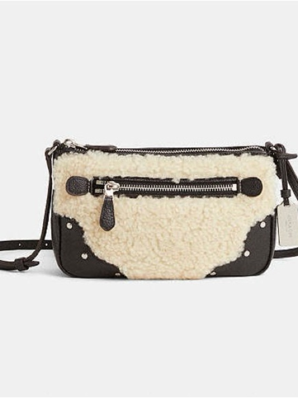 $195 Coach Rhyder Pochette Black Pebble Leather Cream Shearling Crossbody Bag